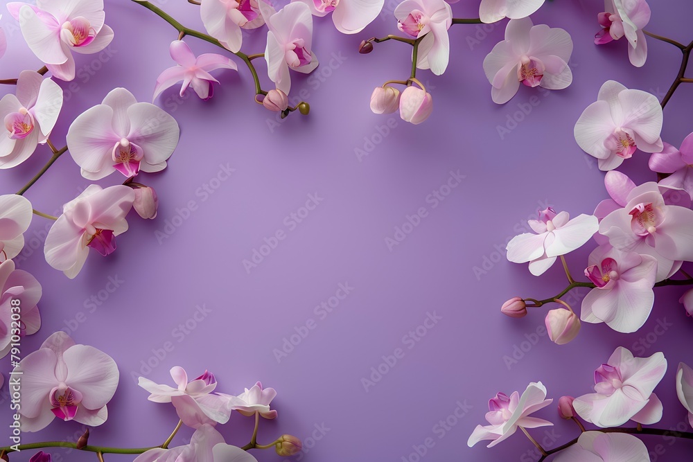 Flower frame of Orchid orchids on a royal purple background, Soft Spring Background with Copy Space