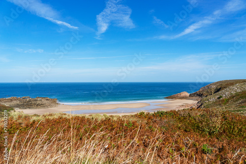 Au premier plan, des herbes jaunies et des fougères revêtant leurs couleurs automnales encadrent la plage de la Fosse, dans les Côtes d'Armor,sous un ciel bleu immaculé.