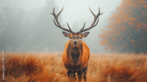   A deceirically narrow shot of a deer amidst a sea of tall grass, surrounded by trees in the distance, and enshrouded in foggy skies photo