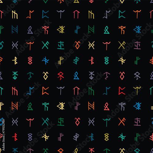 Hand drawn colorful seamless pattern with runes and runic alphabet