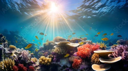 Underwater panoramic view of coral reef with fish and sunlight.