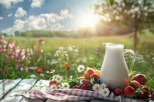Fresh fruits and milk jug on vibrant green summer field background with ample copyspace