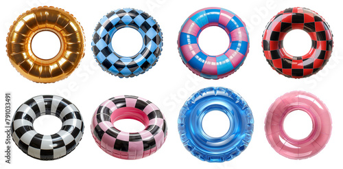 Set of inflatable rings on transparent background. Swimming pool rings with checkered and striped patterns. Pink, blue and golden float circles