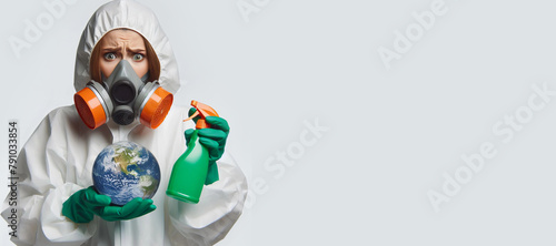 Рrofessional disinfector man in a protective suit holds a spray bottle. photo