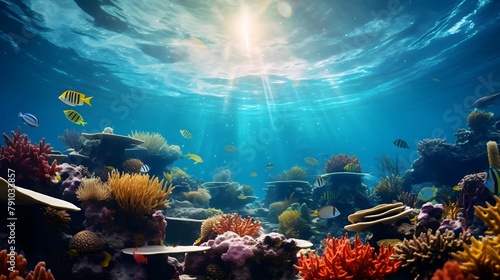 Underwater panoramic view of coral reef and tropical fish. © Iman