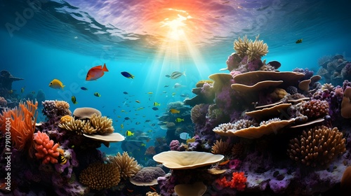 Coral reef and tropical fish. Underwater panoramic view.