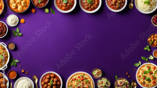 Delicious desserts and Indian dishes are depicted on a dark purple background, with a place for text.