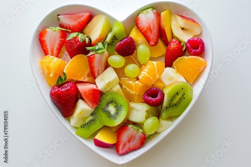 Healthy fruit salad in heart-shaped bowl - fresh and delicious option for healthy eating