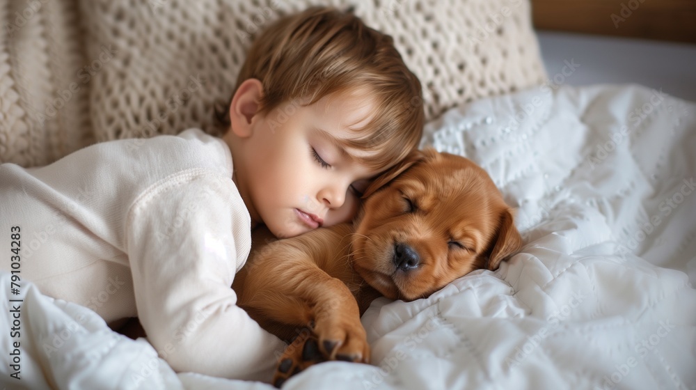 A peaceful scene of a young child napping with their beloved pet, showcasing the bond between kids and animals and emphasizing the importance of pet care and wellness. A peaceful scene of a young child napping with their beloved pet, showcasing the bond between kids and animals and emphasizing the importance of pet care and wellness.