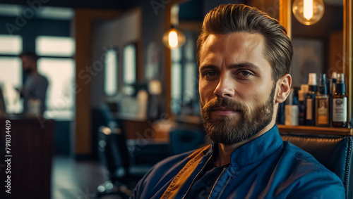 Brutal man with a beard in a barbershop