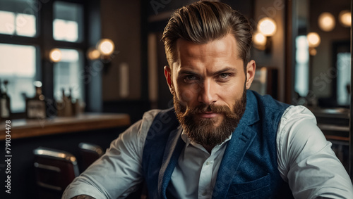 Brutal man with a beard in a barbershop elegant photo