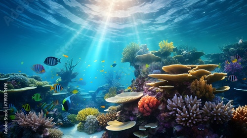 Underwater panorama of coral reef with tropical fish. Underwater world.