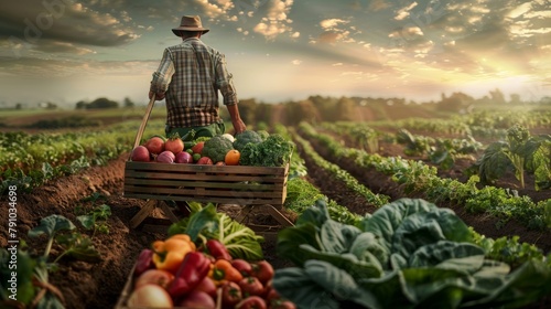 Male farmer holding crate of assorted fresh vegetables in plowed field background photo