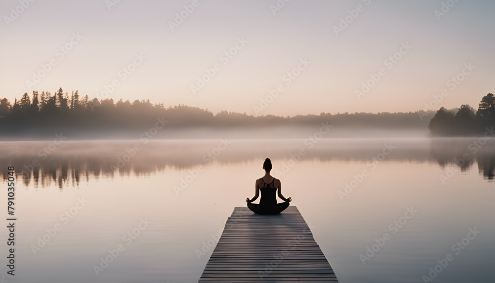 Serene Morning Meditation on Misty Lake Dock, Generative AI Serene Morning Meditation on Misty Lake Dock, Generative AI