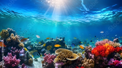 Underwater panoramic view of coral reef and tropical fish. © Iman