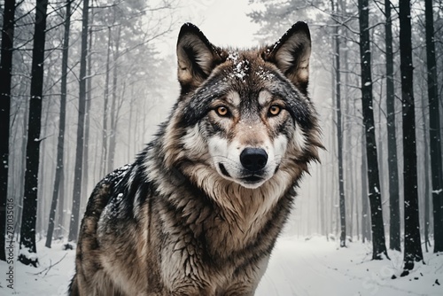 Serene Wilderness  Captivating Gaze of a Wolf in the Falling Snow