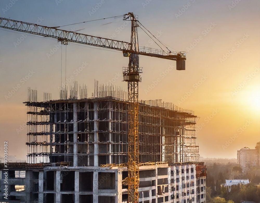 Building under construction, crane and building construction site on sunset daytime, industrial development Building under construction, crane and building construction site on sunset daytime, industrial development