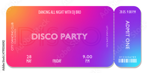 Bright event ticket template in disco style. For parties, concerts and other events in 80-s, 90-s style. Vector, can be used for web and print. Just add your text.