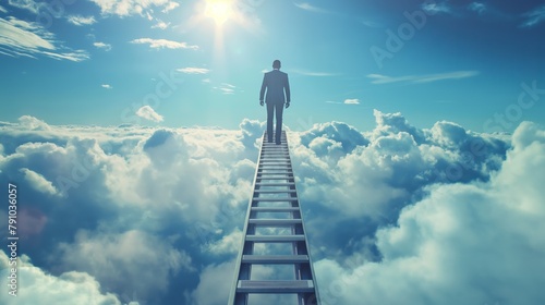 Man Walking Towards Sun on Ladder Above Clouds, Symbolizing Aspiration and Achievement