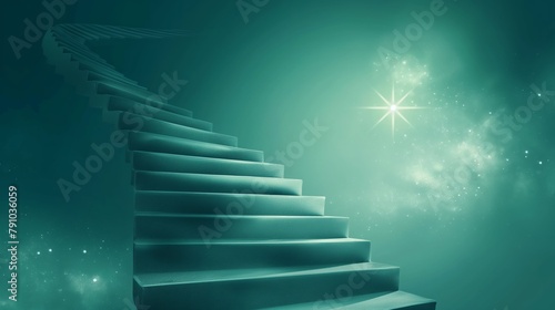 Surreal Staircase Ascending to a Bright Star in a Mystical Green Nebula