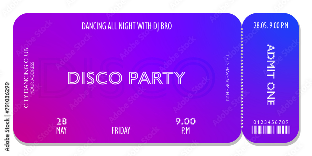 Stylish event ticket template in neon disco style. For parties, concerts and other events in 80-s, 90-s style. Vector, can be used for web and print. Just add your text. Stylish event ticket template in neon disco style. For parties, concerts and other events in 80-s, 90-s style. Vector, can be used for web and print. Just add your text.