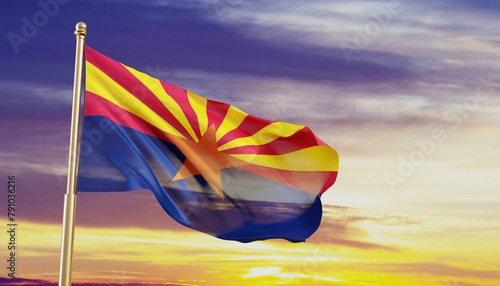 Arizona state of United States flag against the sunset. 3d-rendering