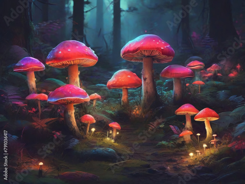 background picture with NEON MUSHROOM in the dark in the forest, AI generated