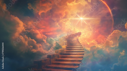 Majestic Stairway to the Heavens Amidst Vibrant Cosmic Clouds and Light
