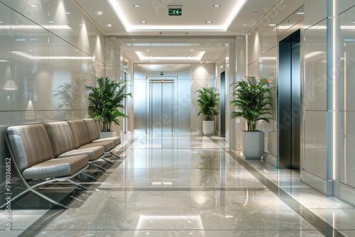 Waiting Room In Hospital Or In Office With Empty Seats And Elevators.