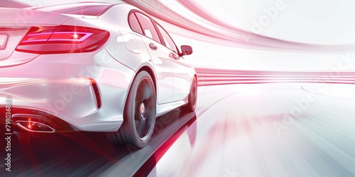 Dynamic image of a white sedan in motion on a motion-blurred road with red and white speed lines