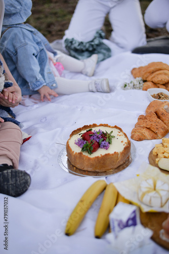 Cake on summer picnic with strawberry and lilac