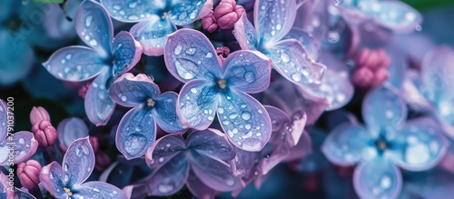 Close-up view of blue lilac flowers with water droplets photo