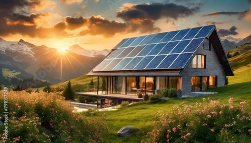 Modern house with solar panels under a sunny sky. Concept of renewable energy.
