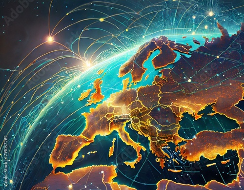 European telecommunication and data transfer networks with global internet connectivity for communication technology. Abstract map of Western Europe, concept of European global