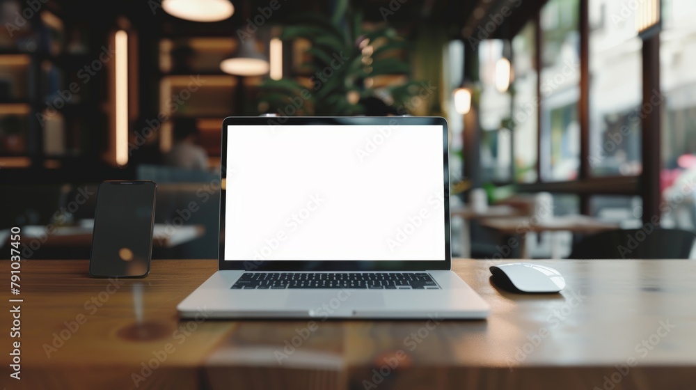 Modern Workstation with blank screen Laptop, Smartphone, and Mouse on a Wooden Table in a Cafe Modern Workstation with blank screen Laptop, Smartphone, and Mouse on a Wooden Table in a Cafe