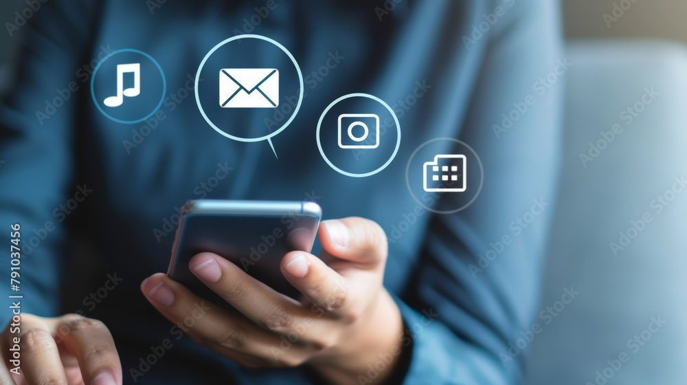 Person Interacting with Augmented Reality Interface of Email and Connectivity Icons Person Interacting with Augmented Reality Interface of Email and Connectivity Icons