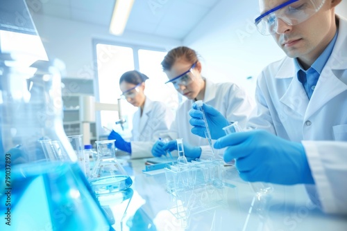 Group of scientists doing research conducting experiments doctors researching performing tests university students medical laboratory scientific treatment biotechnology discovery genetics chemistry