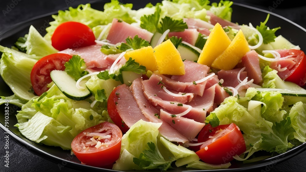 Hawaiian salad with ham, pineapple, coleslaw, small onions, lettuce, tomatoes, crispy cucumbers and light dressing. Hawaiian salad with ham, pineapple, coleslaw, small onions, lettuce, tomatoes, crispy cucumbers and light dressing.