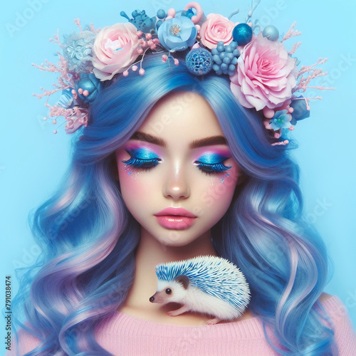 A girl with blue hair holds a hedgehog in her hands. photo