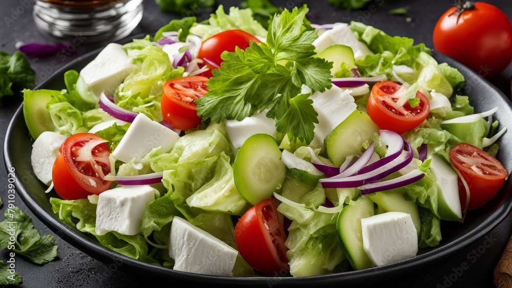 Salad with mozzarella, coleslaw, small onions, lettuce, tomatoes, cucumbers and light dressing. Salad with mozzarella, coleslaw, small onions, lettuce, tomatoes, cucumbers and light dressing.
