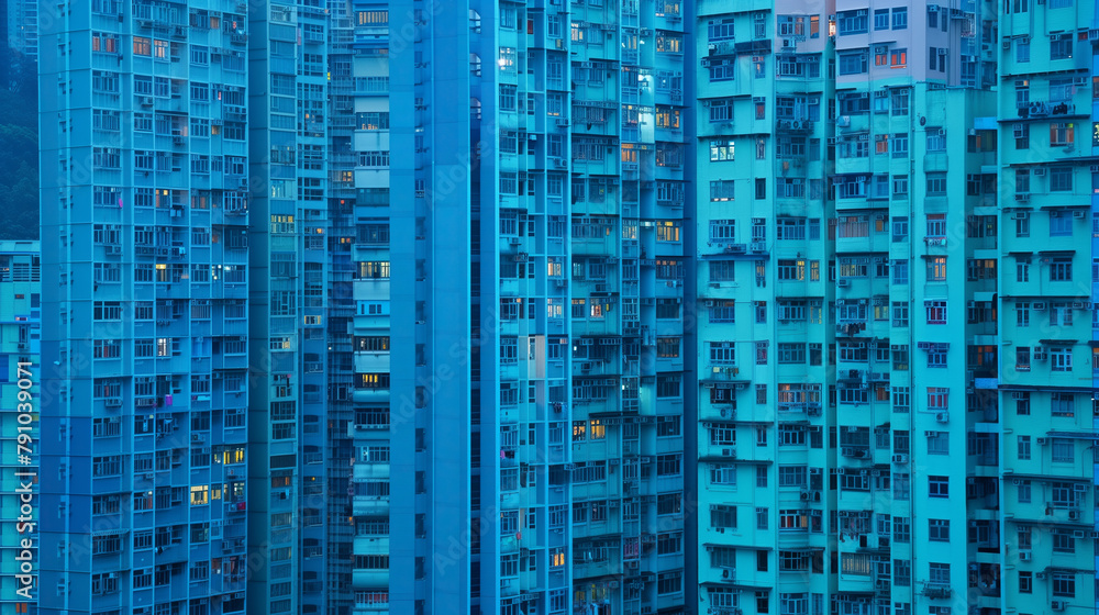 Dense urban apartment buildings at dusk with blue hues. Dense urban apartment buildings at dusk with blue hues.