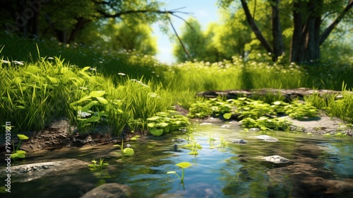 Sunlit serenity-a rocky-bottomed stream winds through a lush green forest under a clear sky.