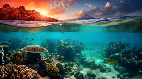 Underwater panorama of coral reef at sunset. Tropical underwater scene.
