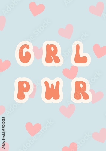 Girl Power vintage groovy wall art poster, digital paper, blue background with pink and orange elements