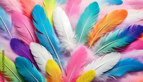 Abstract feather rainbow patchwork background. Closeup image of white fluffy feather under colorful pastel neon foggy mist. Fashion Color Trends Spring Summer 2024