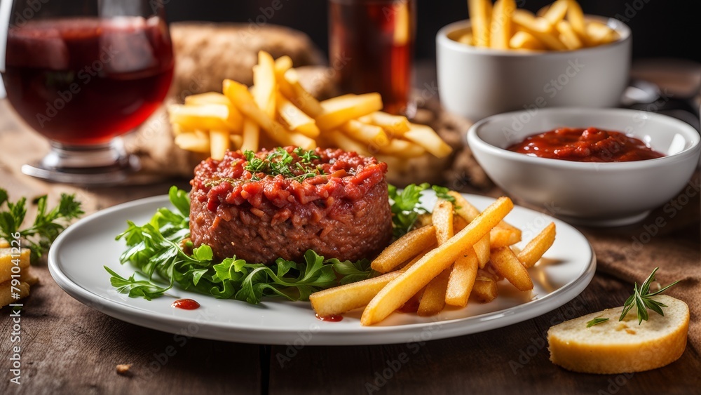 A plate of beef tartare with French fries next to the plate.