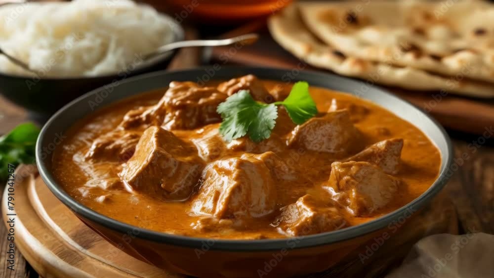 A bowl of red curry with a sprig of parsley on top A bowl of red curry with a sprig of parsley on top