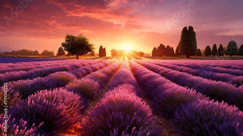 Sunset over lavender field in Provence, France. #791041225