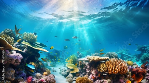 Underwater panorama of the coral reef with tropical fish and sunlight