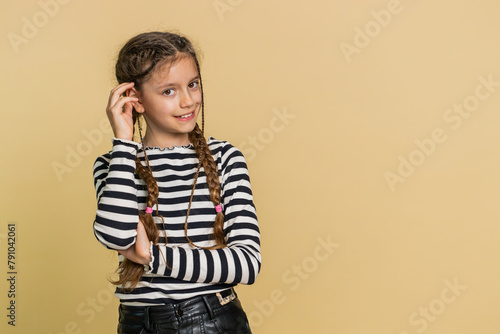 Bild auf Leinwand Portrait of happy young preteen child girl kid smiling friendly, glad expression looking at camera dreaming resting relaxation feel satisfied good news